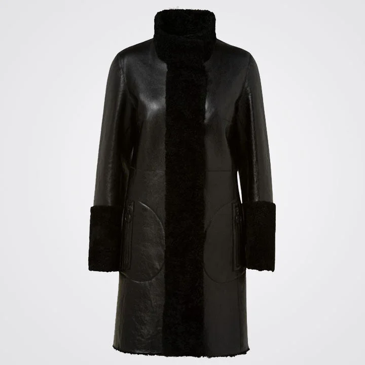 Women’s Black Reversible Shearling Leather Coat Classic Trench Coat