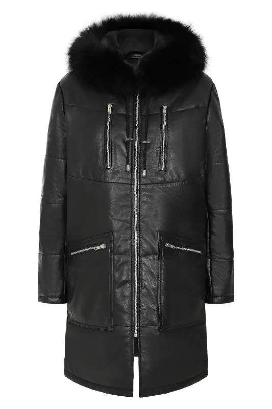 Womens Leather ¾ Length Coat with Fur Trimmed Hood - Elegance Meets Comfort - MARIA Chic Oversized Blazer