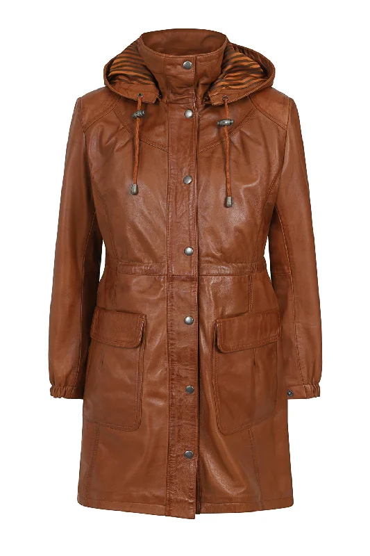 Women's ¾ Length Tan Leather Duffle Coat - 'BECKY' Belted Midi-Length Coat