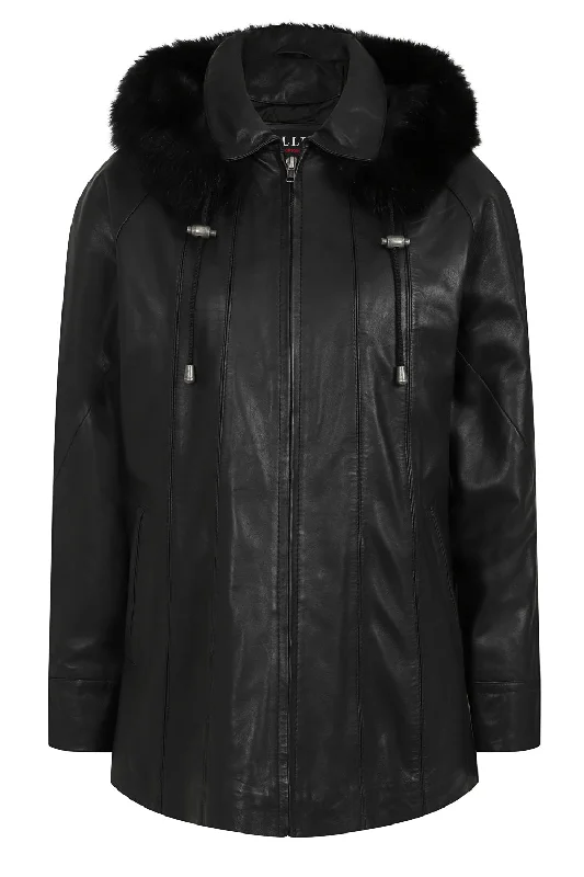 Women's Quality Black Leather Hip Length Coat with Fur Trimmed Detachable Hood - 'CARLA' Thick Layered Jacket