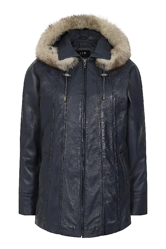 Women's Quality Navy 'Sky' Blue Leather Hip Length Coat with Fur Trimmed Detachable Hood - 'CARLA' Modern Asymmetric Coat
