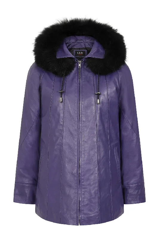 Women's Quality Purple Leather Hip Length Coat with Fur Trimmed Detachable Hood - 'CARLA' Warm Hooded Poncho