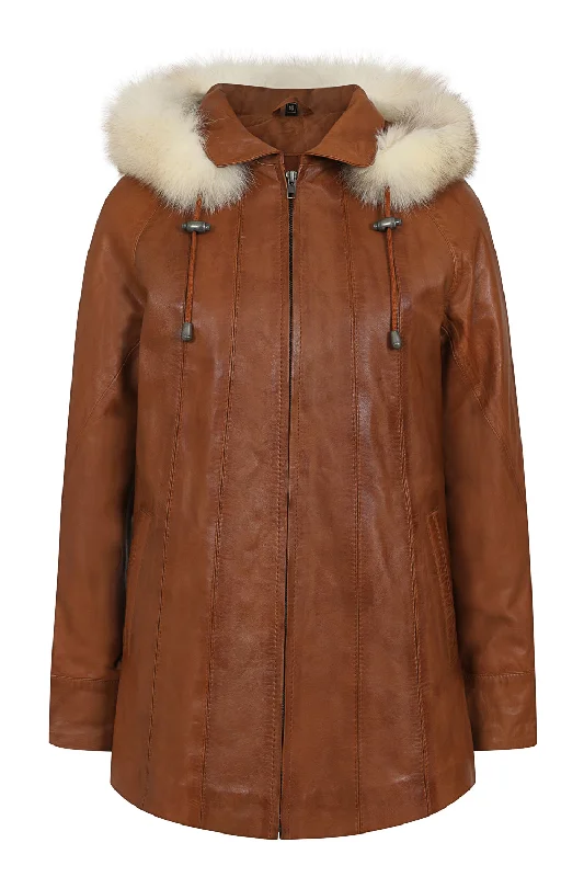 Women's Quality Tan Leather Hip Length Coat with Fur Trimmed Detachable Hood - 'CARLA' Cropped Tweed Jacket