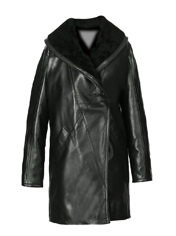 Women's Scully Black Full Length Faux Fur Leather Coat Zipper Front Biker Jacket