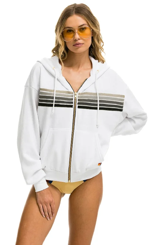 5 STRIPE RELAXED ZIP HOODIE - WHITE // GREY Hoodie with Double Zipper Versatile Adjustable