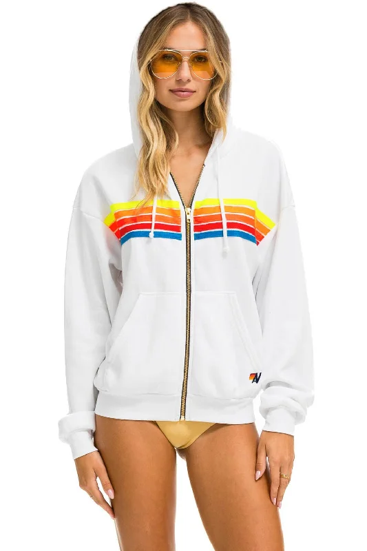 5 STRIPE RELAXED ZIP HOODIE - WHITE // NEON RAINBOW Hoodie with Snap Buttons Easy Quick