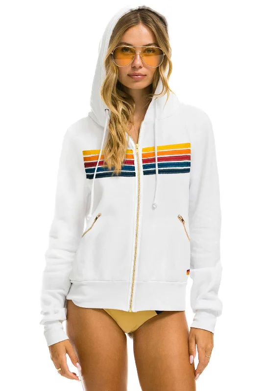 5 STRIPE ZIP HOODIE  W/ ZIP POCKETS - WHITE Hoodie with Patch Decorative Personalized