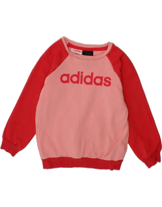 ADIDAS Girls Graphic Sweatshirt Jumper 4-5 Years Pink Colourblock Cotton Hoodie with Ribbed Hem Stretchable Secure