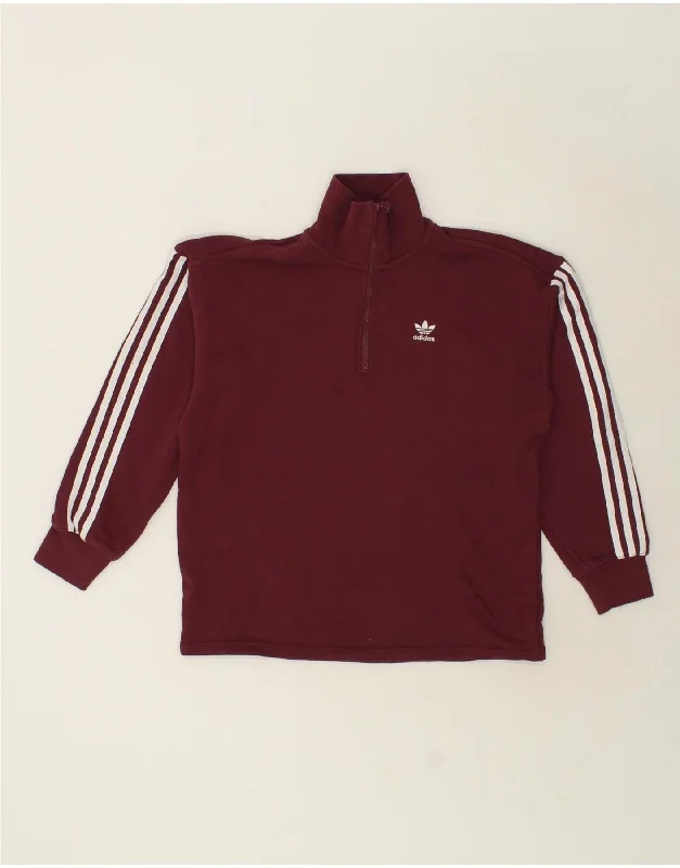 ADIDAS Mens Oversized Zip Neck Sweatshirt Jumper UK 8 Small Burgundy Hoodie with Hem Patch Decorative Personalized