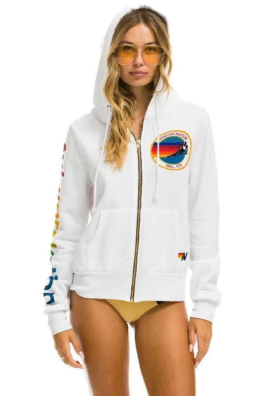 AVIATOR NATION VAIL ZIP HOODIE - WHITE Hoodie with Hem Embroidery Detailed Premium