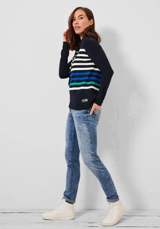 Cecil Striped Pattern Drawstring Pullover Sweatshirt, Deep Blue Hoodie with Cropped Fit Short Trendy