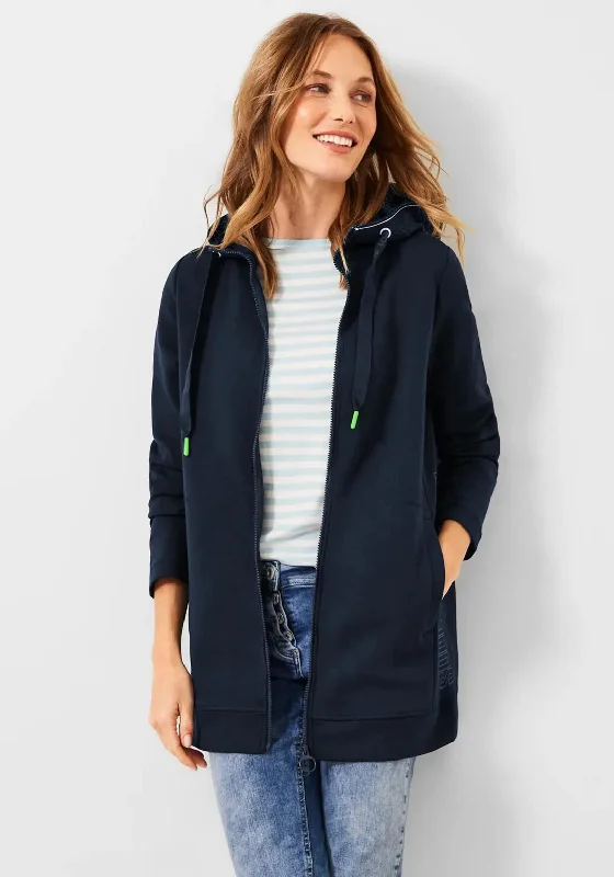 Cecil Long Full Zip Hoodie, Deep Blue Hoodie with Raw Hem Edgy Unfinished