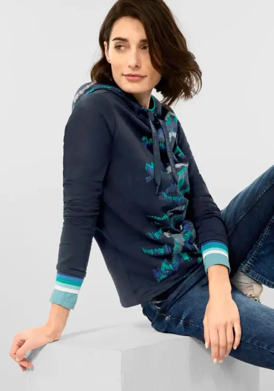 Cecil Print Torso Hoodie, Deep Blue Hoodie with Hem Embroidery Detailed Premium