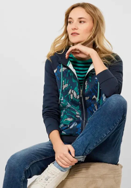 Cecil Print Torso Zipped Hoodie, Deep Blue Hoodie with Hem Elastic Stretchable Comfortable