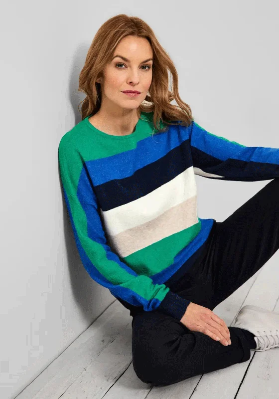 Cecil Stripe Pattern Pullover Sweatshirt, Green Multi Hoodie with Side Slits Relaxed Casual