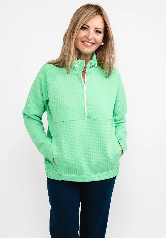 Cecil Waffle Textured Half Zip Sweatshirt, Green Hoodie with Frayed Bohemian Relaxed