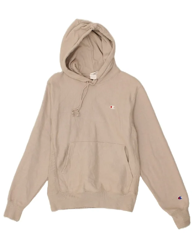 CHAMPION Mens Hoodie Jumper Small Beige Cotton Hoodie with Rolled Sleeves Casual Relaxed