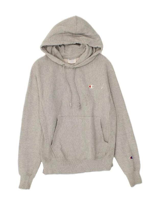 CHAMPION Mens Hoodie Jumper Small Grey Cotton Hoodie with Hem Detail Decorative Unique