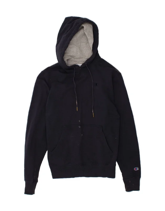 CHAMPION Mens Hoodie Jumper Small Navy Blue Hoodie with Patch Decorative Personalized