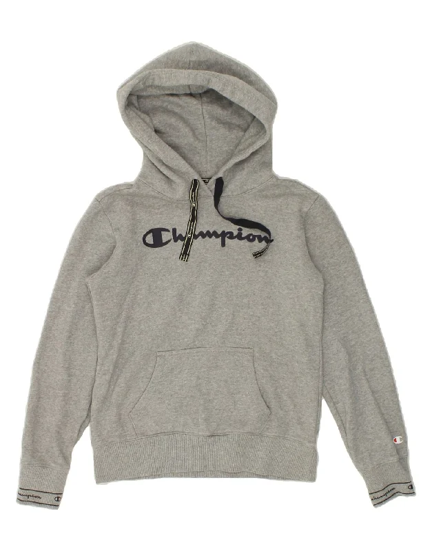 CHAMPION Womens Graphic Hoodie Jumper UK 12 Medium Grey Flecked Cotton Hoodie with Oversized Fit Loose Comfortable