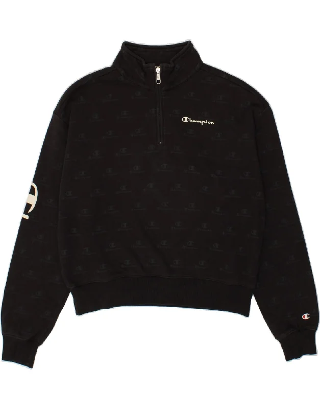CHAMPION Womens Graphic Zip Neck Sweatshirt Jumper UK 16 Large Black Hoodie with Ribbed Neckline Snug Warm