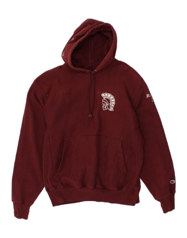 CHAMPION Womens Loose Fit Graphic Hoodie Jumper UK 14 Medium Burgundy Hoodie with Tie-Dye Psychedelic Retro