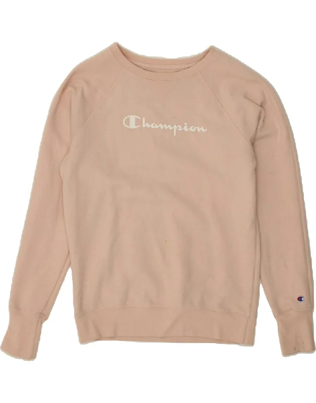 CHAMPION Womens Oversized Graphic Sweatshirt Jumper UK 10 Small Pink Hoodie with Emblem Brand Identity