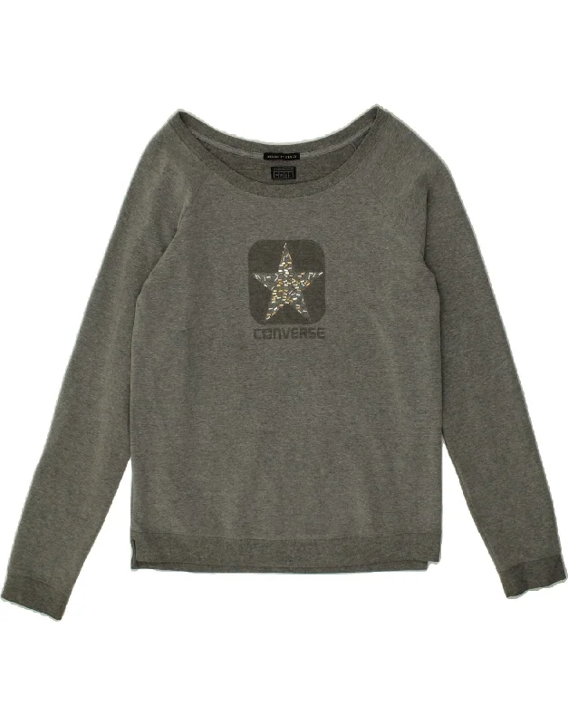 CONVERSE Womens Graphic Sweatshirt Jumper UK 16 Large Grey Cotton Hoodie with Tied Waist Feminine Flattering