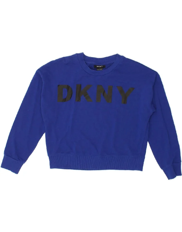 DKNY Womens Graphic Sweatshirt Jumper UK 14 Medium Navy Blue Polyester Hoodie with Hem Ribbing Snug Secure