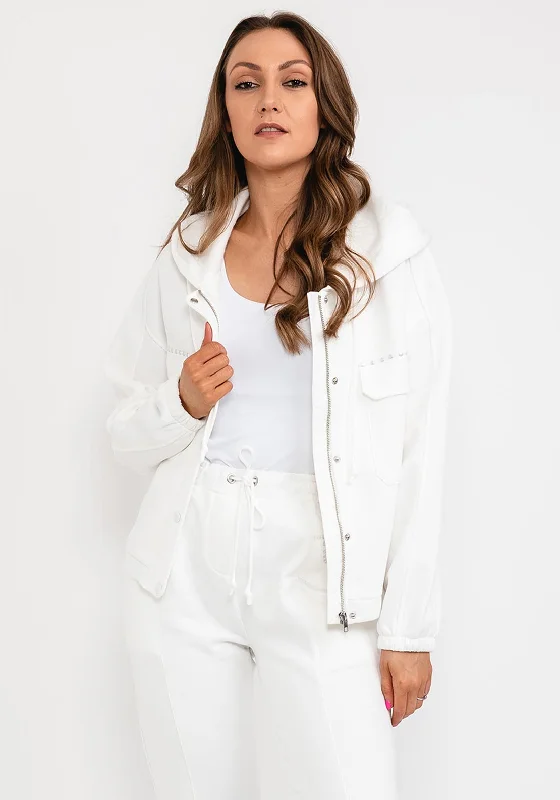 Eva Kayan Oversize Full Zip Hoodie, Off White Hoodie with Ribbed Neckline Snug Warm