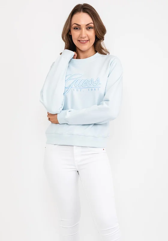 Guess Womens Embroidered Logo Sweatshirt, Light Blue Hoodie with Snap Buttons Easy Quick
