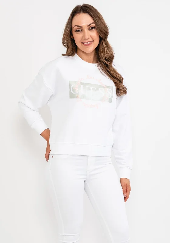 Guess Womens Graphic Logo Sweatshirt, White Hoodie with Exposed Zipper Edgy Industrial