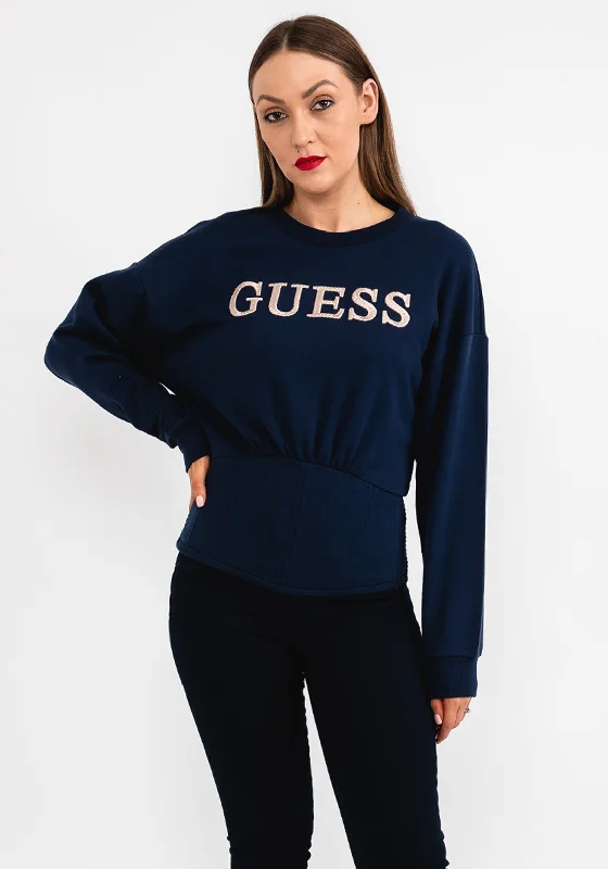 Guess Womens Embroidered Logo Sweatshirt, Navy Hoodie with Ribbed Cuffs Snug Fit Comfort