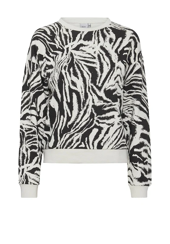 Ichi Animal Print Sweatshirt, Charcoal & Off White Hoodie with Embroidery Detailed Premium