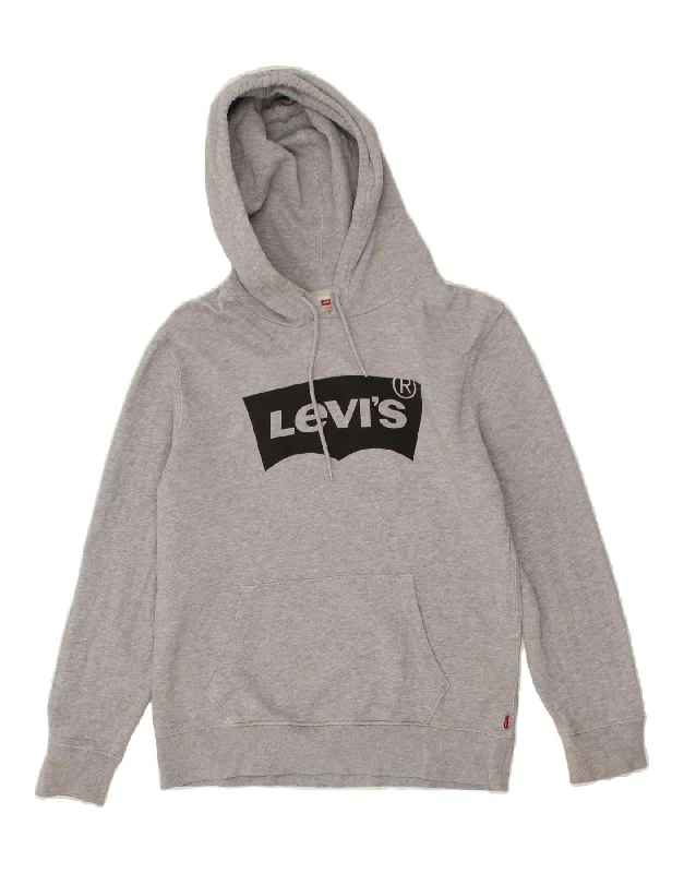 LEVI'S Mens Graphic Hoodie Jumper XS Grey Cotton Hoodie with Hem Raw Edge Edgy Unfinished