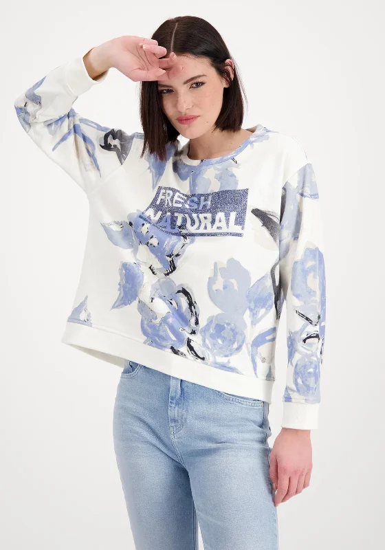 Monari Floral & Rhinestone Sweatshirt, Blue & White Hoodie with Hem Frayed Vintage Worn