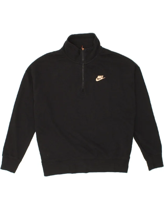 NIKE Womens Oversized Graphic Zip Neck Sweatshirt Jumper UK 6 XS Black Hoodie with Hem Lace Feminine Delicate