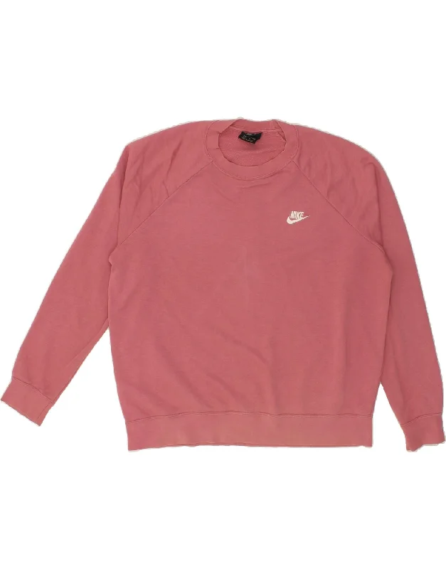 NIKE Womens Oversized Sweatshirt Jumper UK 18 XL Pink Cotton Hoodie with Hem Applique Textured Unique