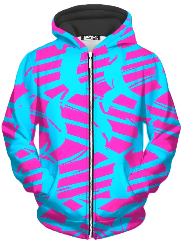 Pink and Blue Squiggly Rave Checkered Unisex Zip-Up Hoodie Hoodie with Color Block Contrast Stylish