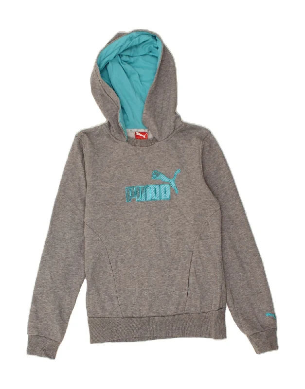 PUMA Womens Graphic Hoodie Jumper UK 10 Small Grey Cotton Hooded Sweatshirt Casual Wear Street Style
