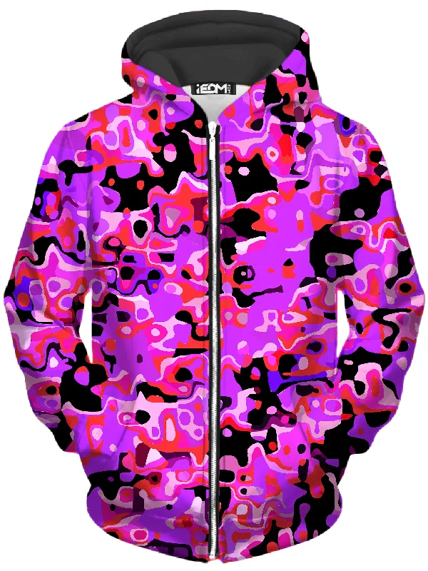 Purple Red and Black Rave Camo Melt Unisex Zip-Up Hoodie Hoodie with Metallic Shiny Futuristic