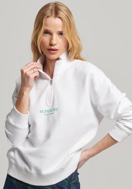 Superdry Womens Half Zip Sweatshirt, White Hoodie with Back Slit Movement Comfort