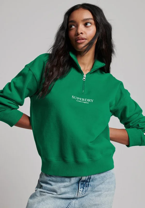 Superdry Womens Half Zip Sweatshirt, Green Hoodie with Hem Elastic Stretchable Comfortable