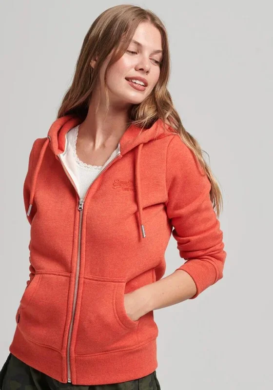 Superdry Womens Vintage Logo Full Zip Hoodie, Bright Orange Hoodie with Sequins Glamorous Eye-catching