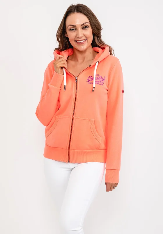 Superdry Womens Full Zip Hoodie, Hyper Fire Coral Hoodie with Hem Raw Edge Edgy Unfinished