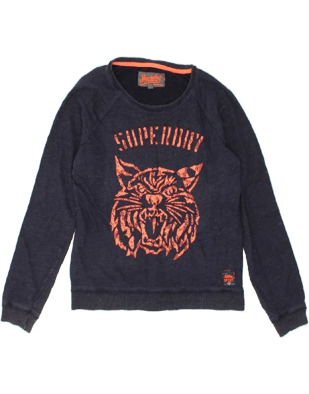SUPERDRY Womens Graphic Sweatshirt Jumper UK 16 Large Navy Blue Flecked Hoodie with Raglan Sleeves Sporty Comfortable
