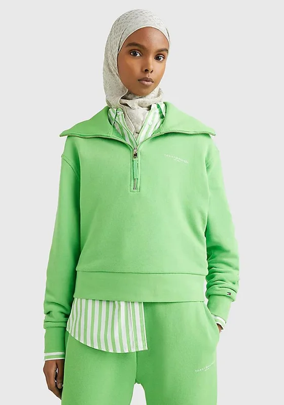 Tommy Hilfiger Womens Quarter Zip Sweatshirt, Spring Lime Hoodie with Typography Text Message
