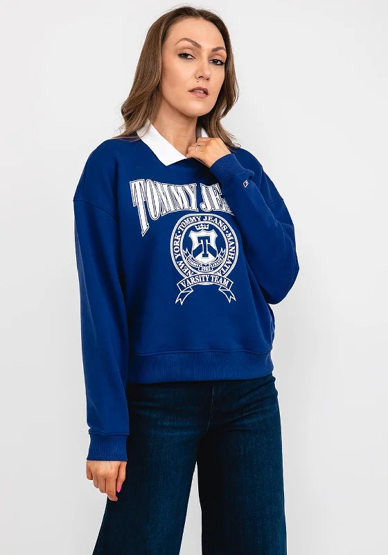 Tommy Jeans Womens Varsity Polo Sweatshirt, Pilot Blue Hoodie with High Neck Warm Protective