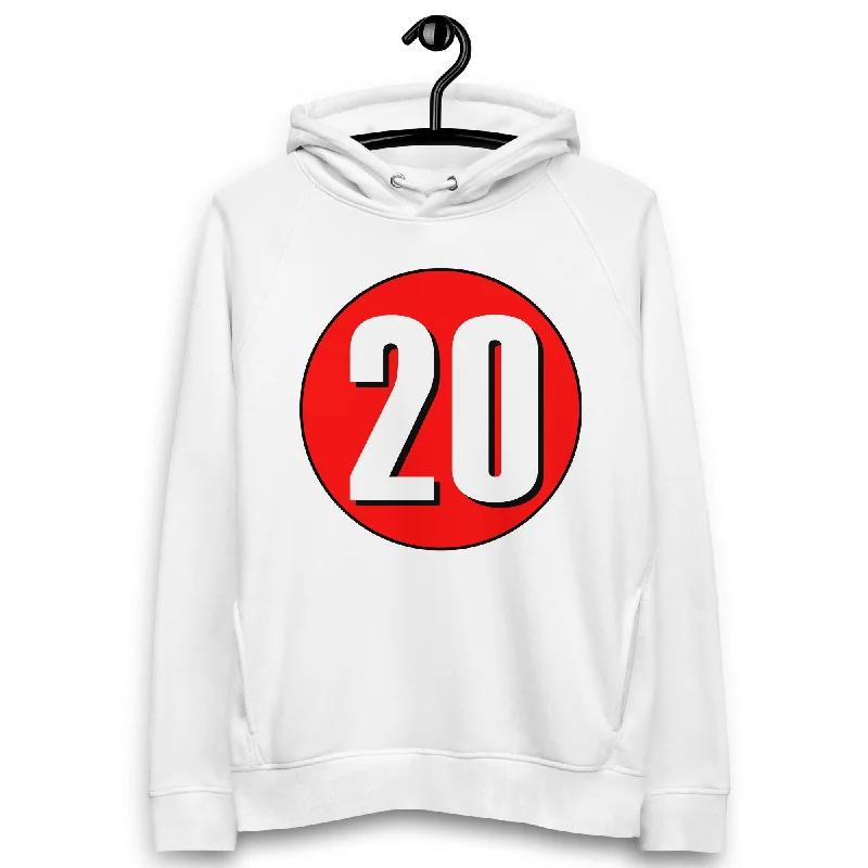 Unisex pullover hoodie: White on Red 20 Ruffle Neck Pullover