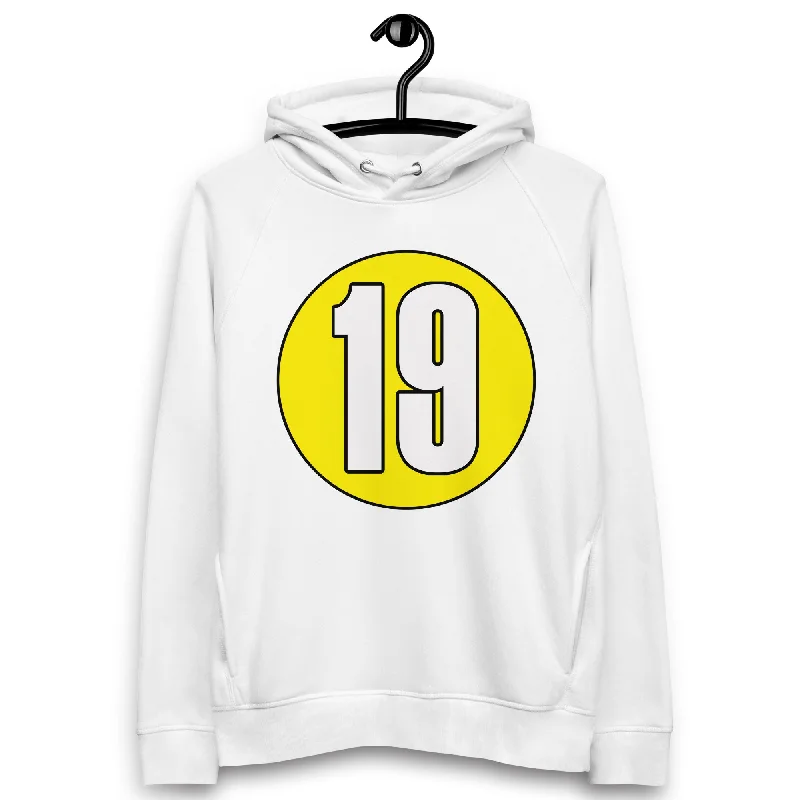 Unisex pullover hoodie: White on Yellow 19 Hooded Pullover Sweater
